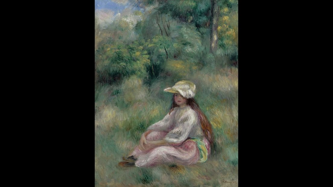 'Jeune fille en rose dans un paysage' van Auguste Renoir