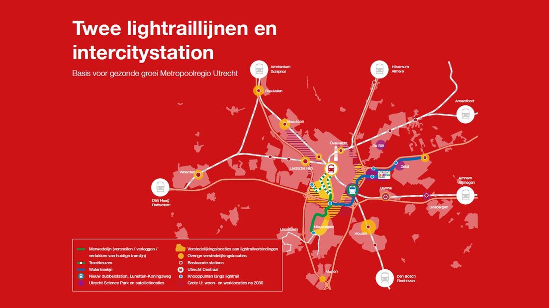 Overzicht van plan voor lightrail ov-ring rond Utrecht