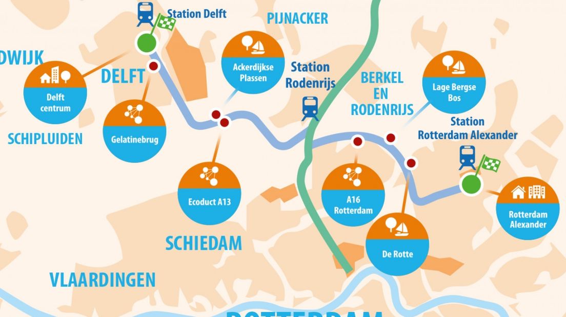 Zo moet de fietsroute tussen Delft en Rotterdam gaan lopen
