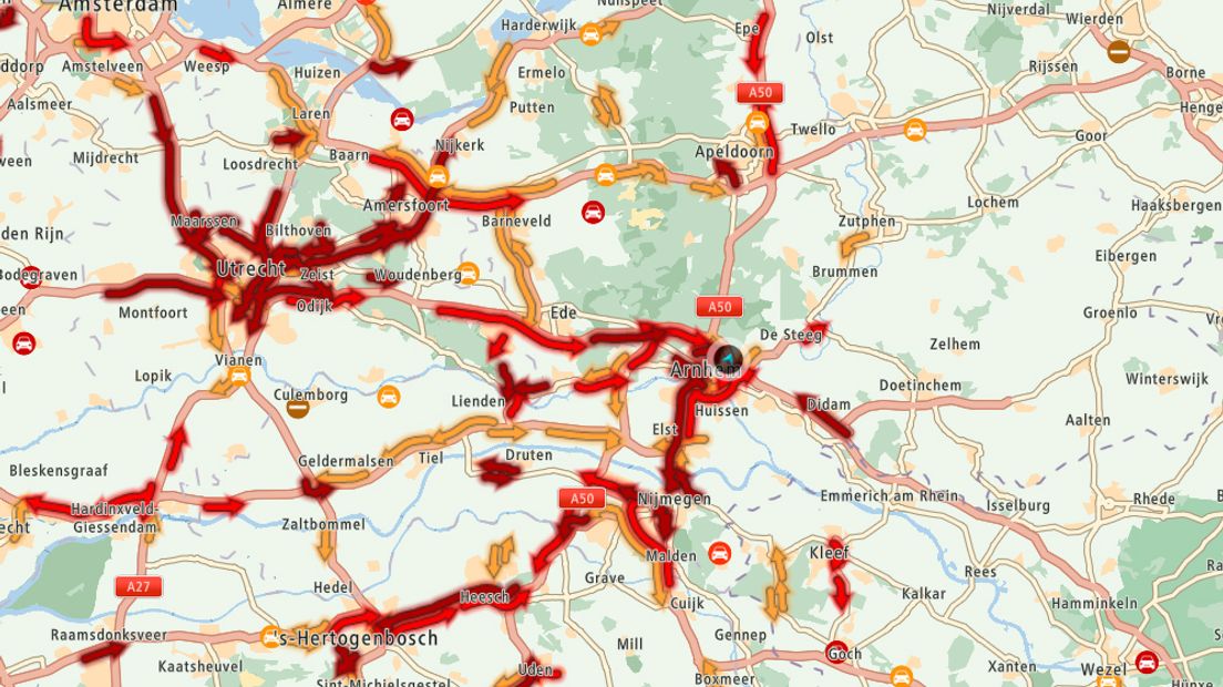 De verkeerssituatie op de Gelderse wegen om 16.30 uur.