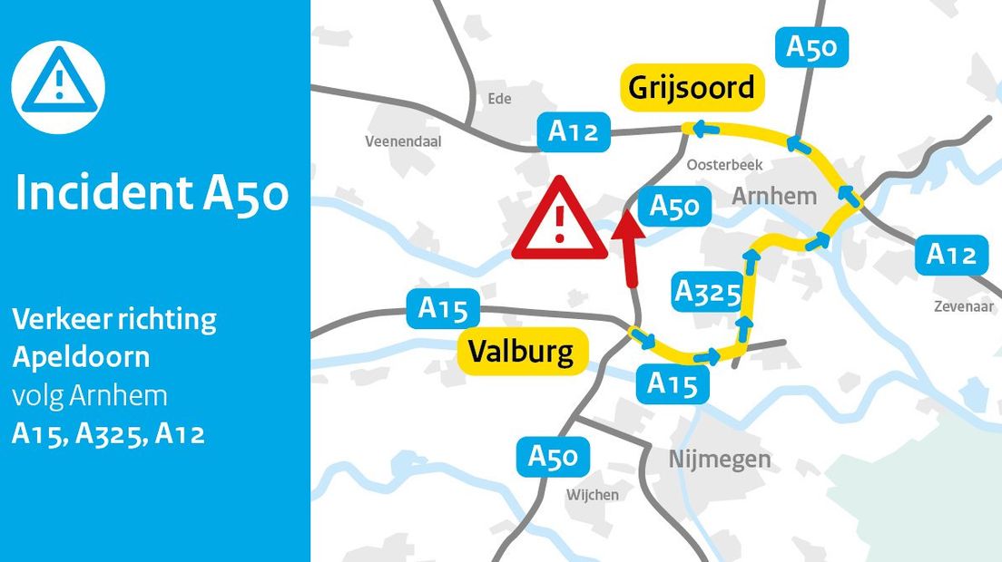 Het verkeer had dinsdagmiddag ruim twee uur vertraging op de A50. Bij knooppunt Grijsoord vond aan het begin van de avondspits een ongeluk met vier voertuigen plaats.