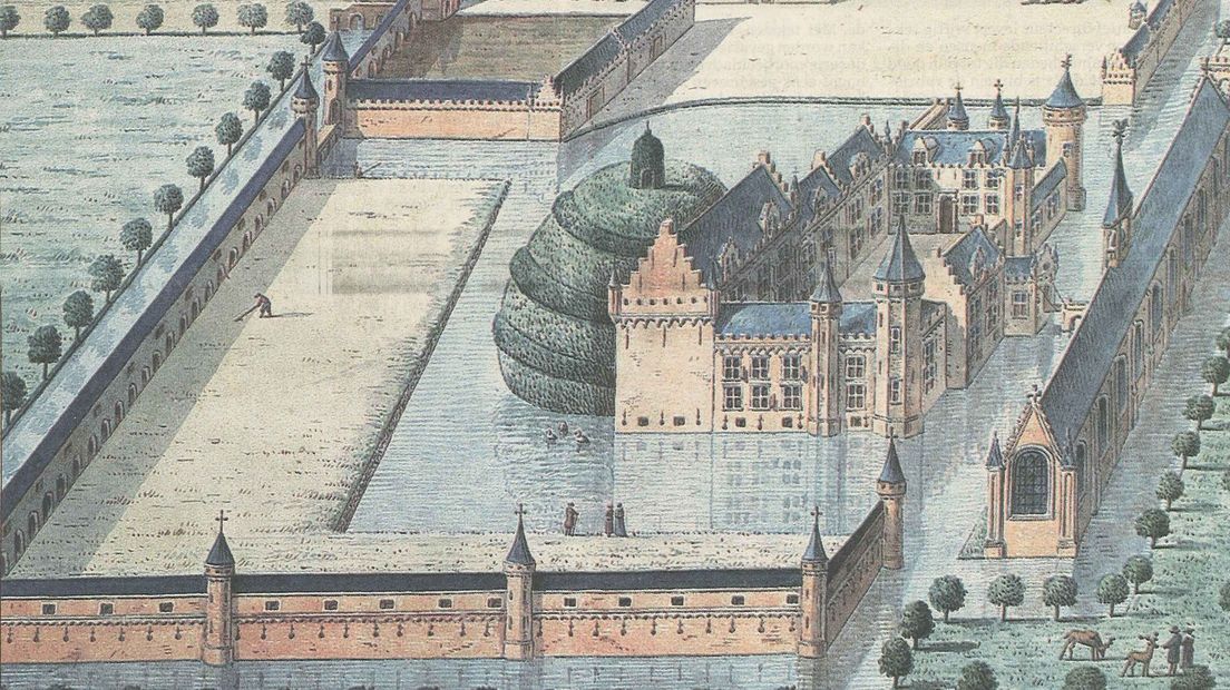Een tekening uit 1558 van kasteel Sandenburg en hoe het er ongeveer uit zag