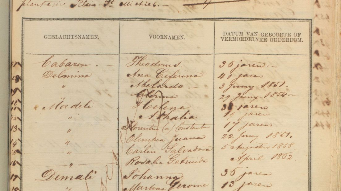 Een pagina uit de slavenregisters.