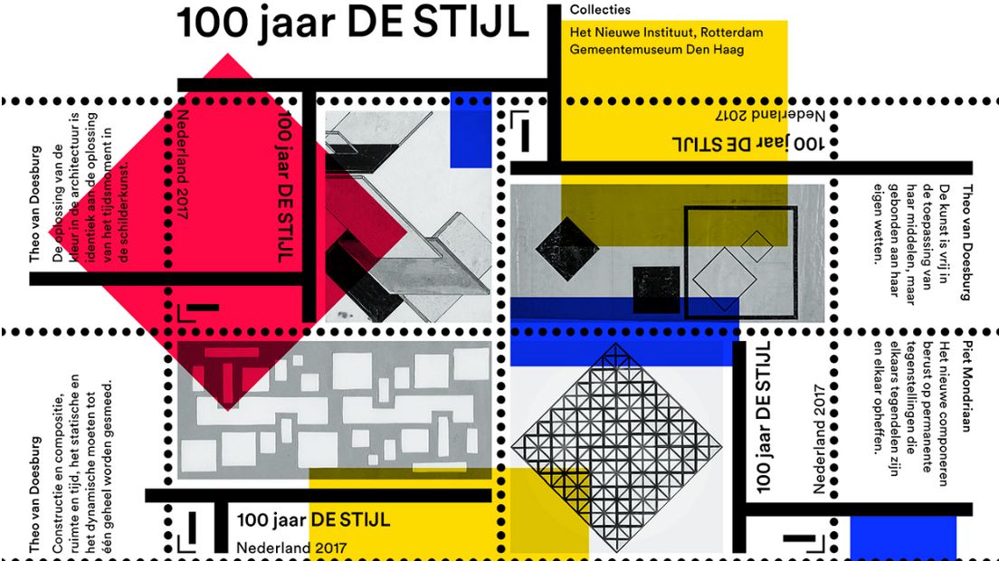 De Stijl-postzegels zijn vanaf maandag verkrijgbaar. (Afbeelding: PostNL)