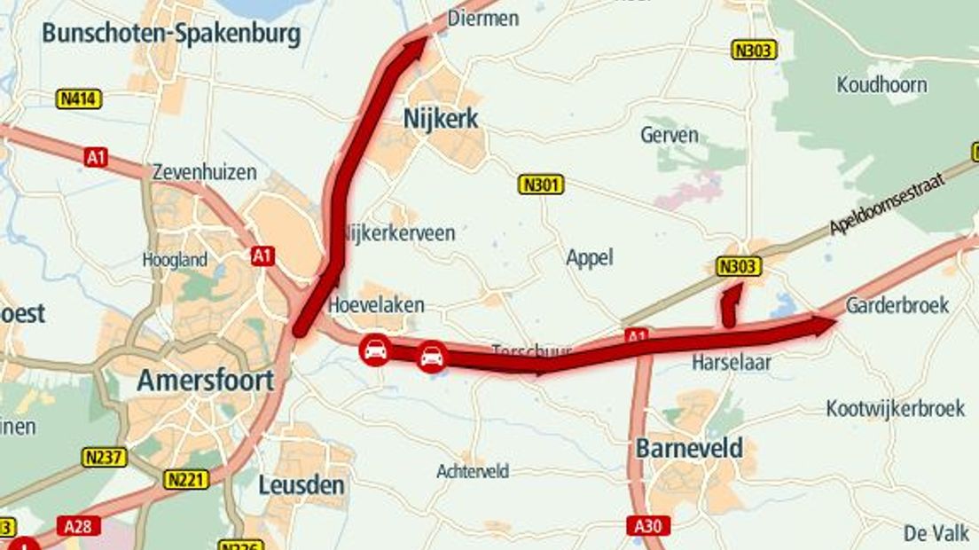 Op de A1 en de A28 zijn files ontstaan door ongelukken. Op de A28 moest het verkeer over de vluchtstrook na een ongeval bij Nijkerk. Dat was eerder ook het geval bij Stroe. Daar stond veertien kilometer file in de richting van Apeldoorn.