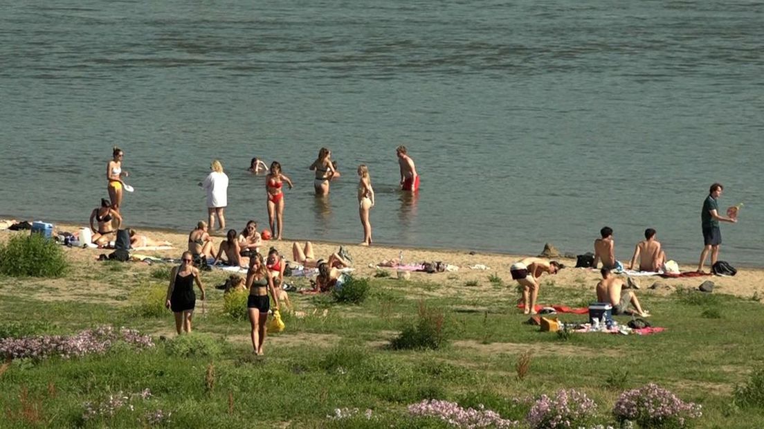 Recreanten op een van de Waalstranden.