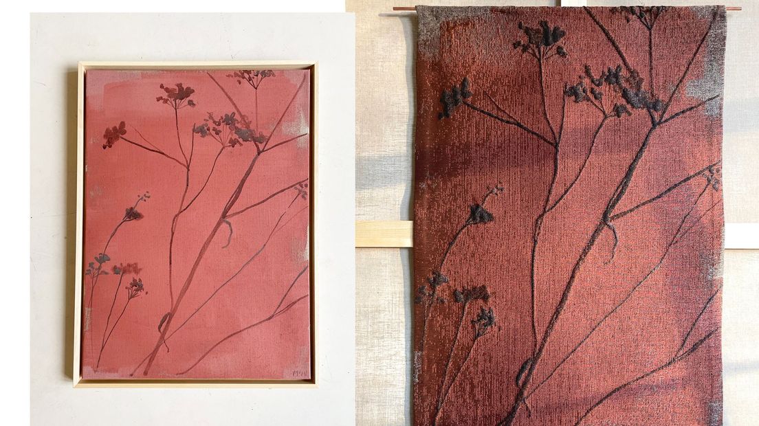Het werk 'Angelica op Rood' is in het Textielmuseum nagemaakt in draad en garen.