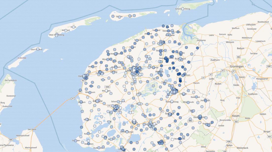 Hoe donkerder de kleur, hoe hoger het percentage PVV-stemmen