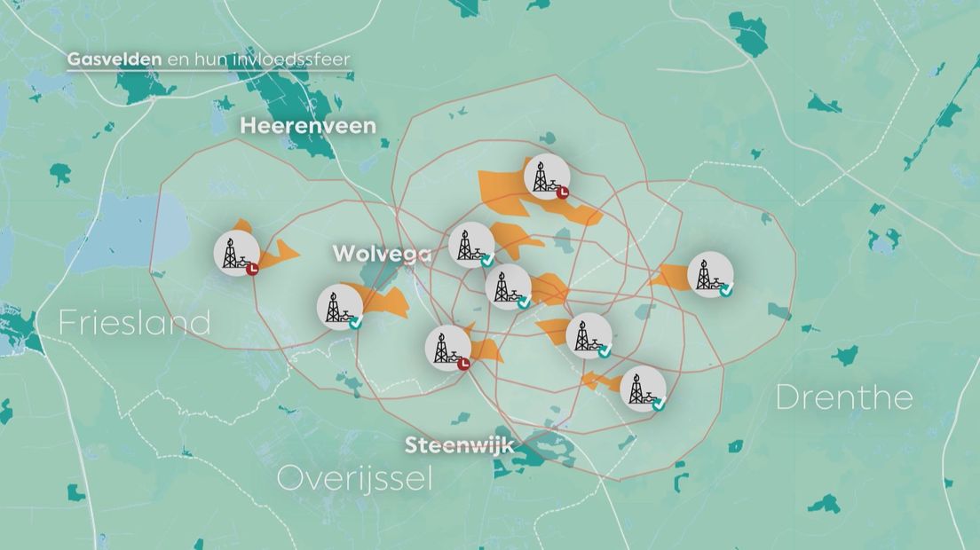 In het grensgebied van drie provincies liggen gasvelden op, onder en over elkaar heen, beïnvloeden met elkaar een uitgestrekt grondgebied