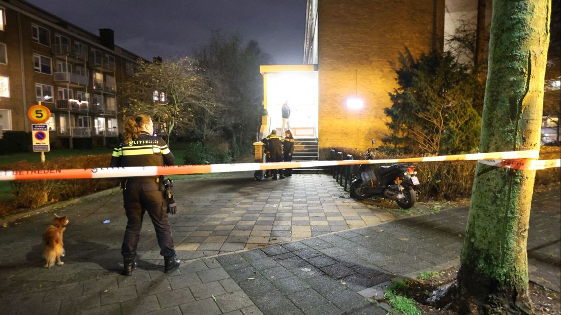 Agenten hebben het gebied met linten afgezet waar een 77-jarige vrouw is neergestoken toen ze haar hondje uitliet