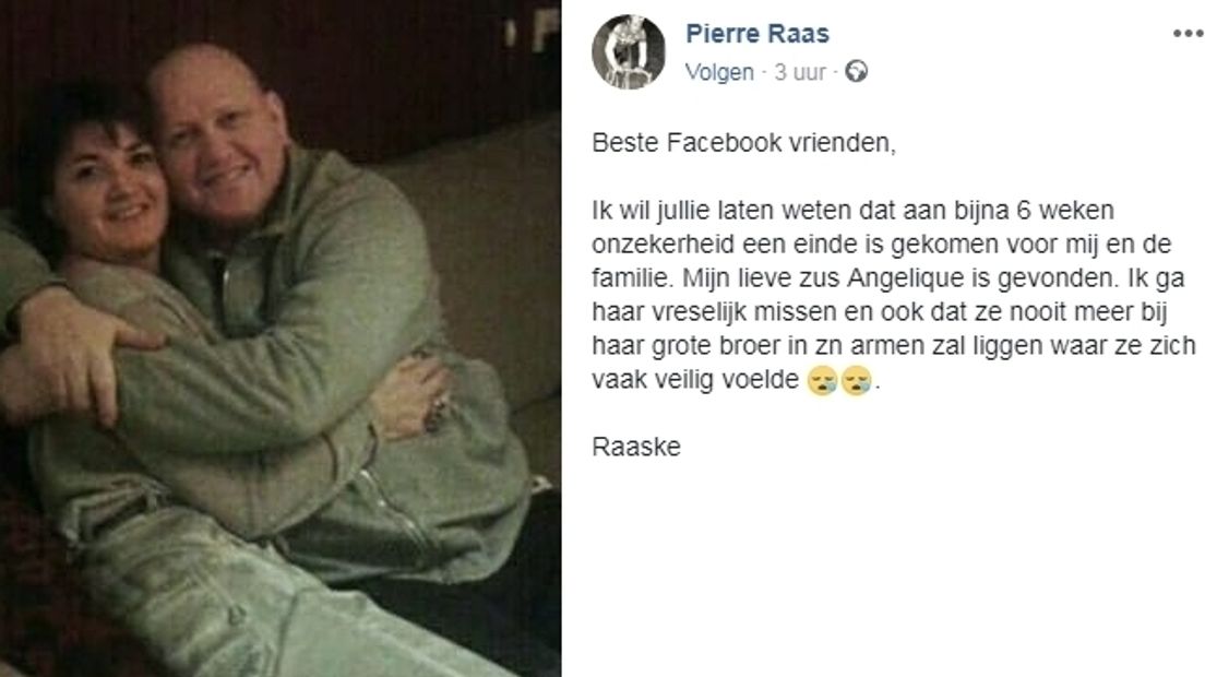 Facebookpost van broer Pierre Raas over de vondst van het lichaam van zijn vermiste zus