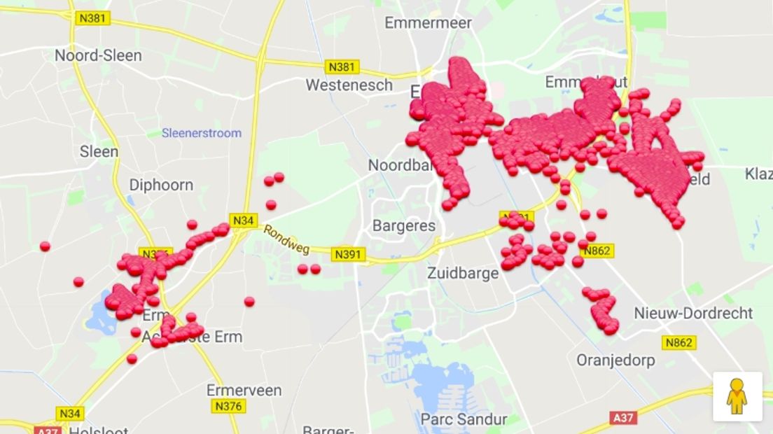 Grote delen van Emmen zitten door de storing zonder stroom (Rechten: Enexis)