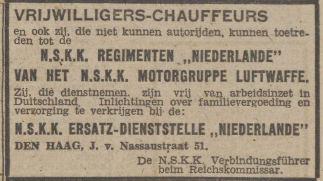 Oproep van de NSKK in het Nieuwsblad van het Noorden 10 juli 1943 (bron: Delpher)