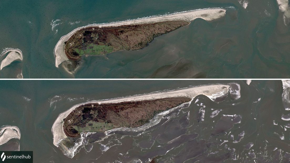 Een satelliet foto van Schiermonnikoog waarop het ijs rondom het eiland goed te zien is