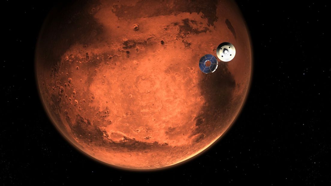 Een animatie van de Mars-rover Perseverance op weg naar Mars