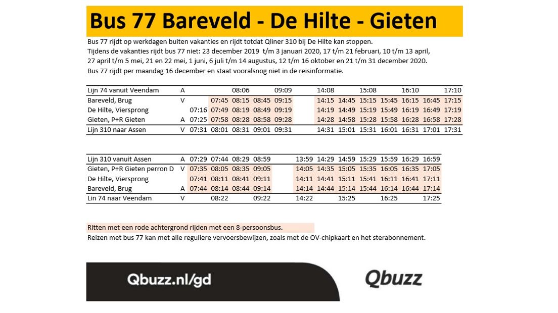 De aangepaste dienstregeling voor De Hilte (Rechten: Qbuzz)