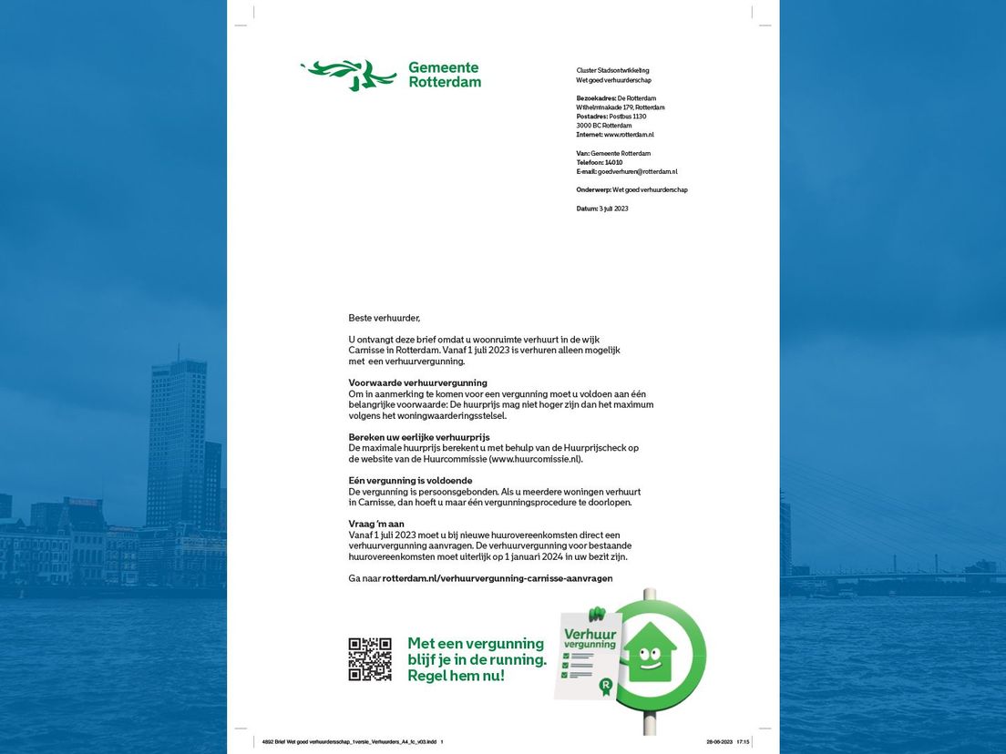 Dit is de brief van de gemeente Rotterdam aan verhuurders in Carnisse
