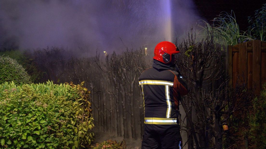 Een brandweerman blust een coniferenbrand