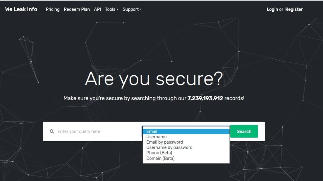 De nieuwe website van WeLeakInfo is nog steeds online.