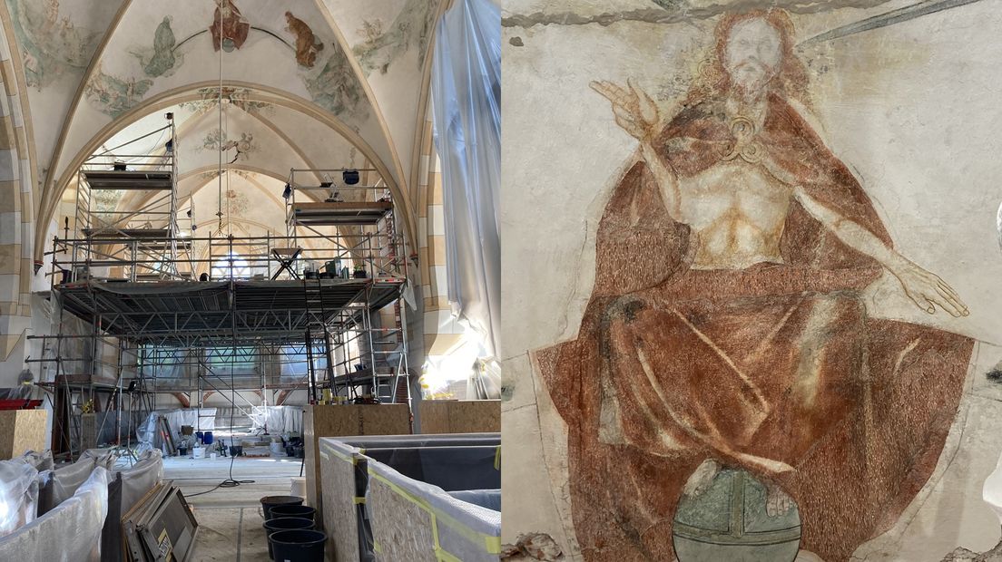De restauratiewerkzaamheden en een muurschildering in de Hippolytuskerk