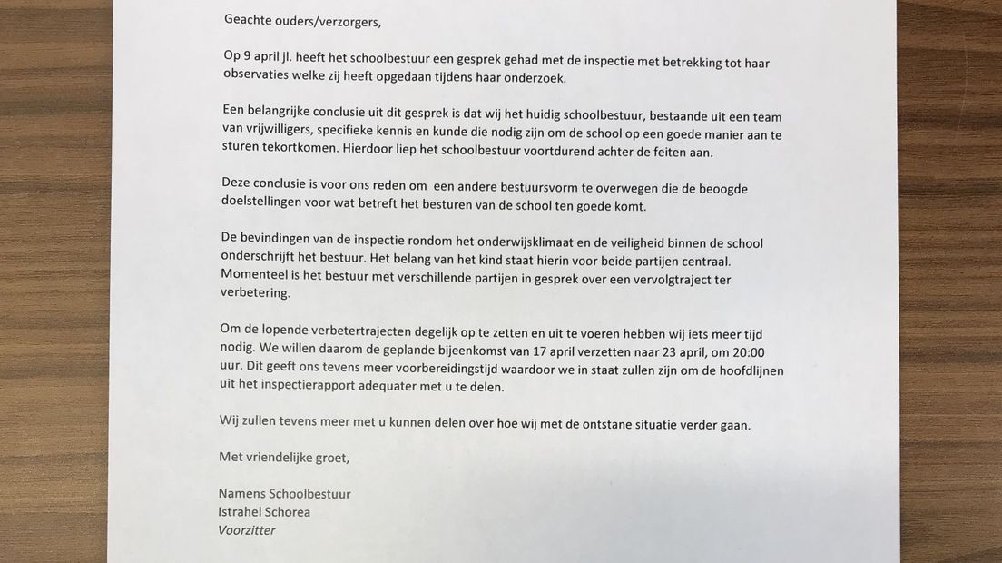 Deze brief werd onlangs verstuurd naar de ouders van de kinderen van basisschool Oud Zandbergen