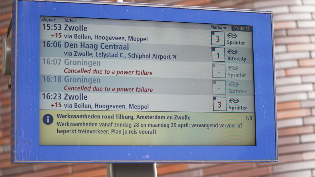 De trein naar Groningen vanaf Assen rijdt niet door een stroomstoring