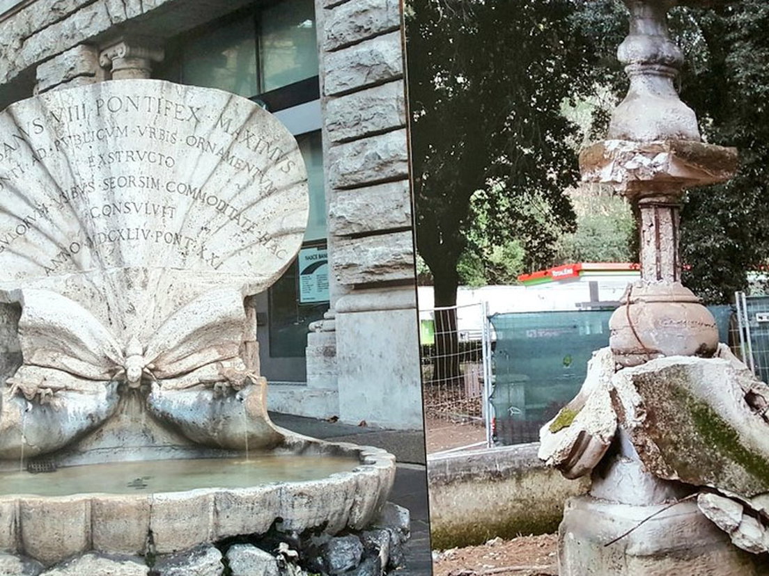 De twee fonteinen die gerestaureerd worden. De Fontana delle Api (links) en de Fontana dei Giardini (rechts)