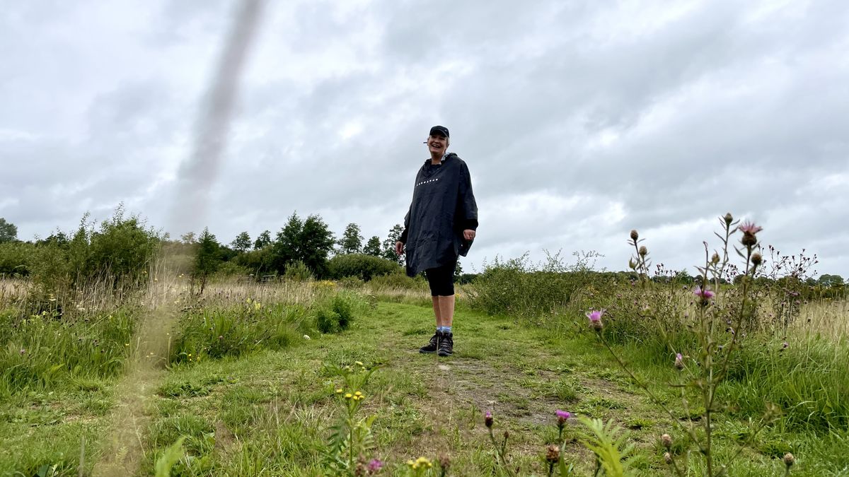 Verslaggever Elly Smit vermant zich tussen de koeien op de knapzakroute