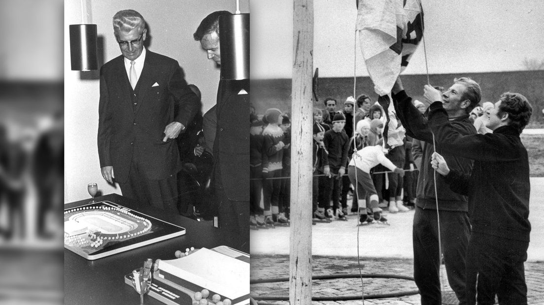 Burgemeester Grolleman met de maquette van de kunstijsbaan in Assen die in 1970 werd geopend (Drents Achrief: collectie gemeente Assen)
