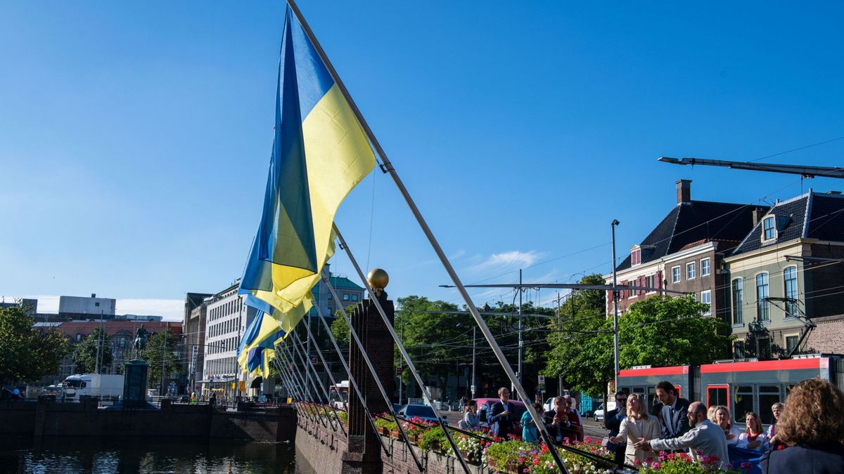 Oekraïense Vlaggen Hangen Bij Hofvijver Als Steunbetuiging Aan Land In