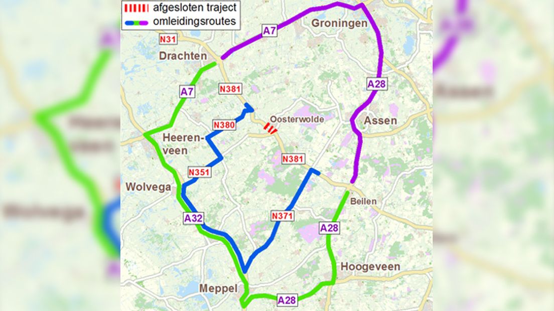 De omleidingsroutes zijn met blauw, groen en paars aangegeven (Rechten: provincie Friesland)