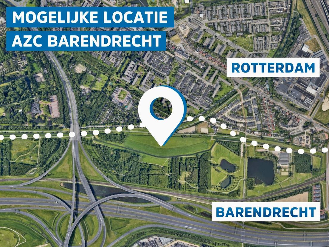 De locatie van het AZC ten opzichte van de grens tussen Rotterdam en Barendrecht.