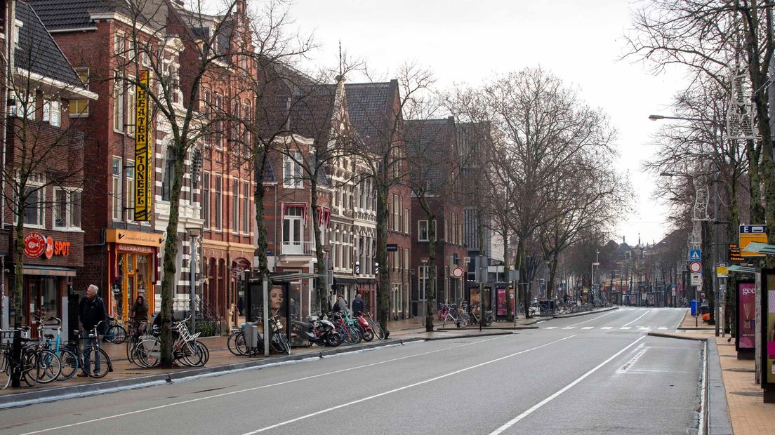 Een verlaten Zuiderdiep in Groningen tijdens de lockdown eind vorig jaar