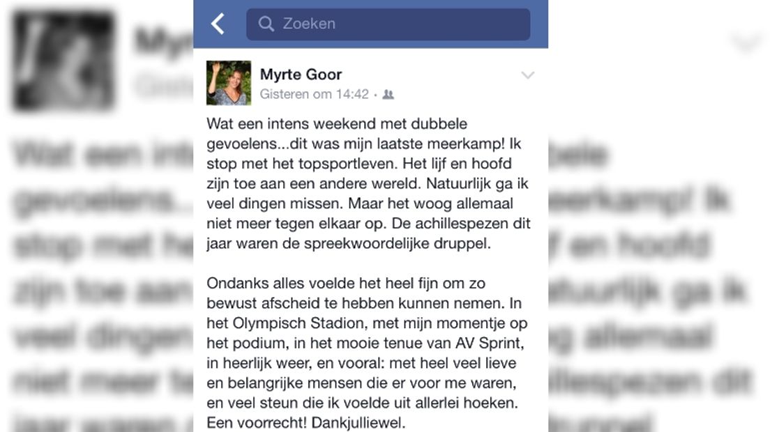 Myrte Goor zet een punt achter haar carrière, dit laat ze op Facebook weten. (Rechten: Fcebook/myrthegoor)