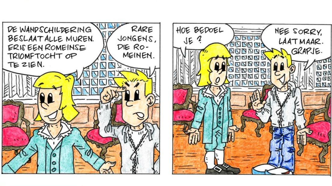 Twee tekeningen uit het stripboek De Optocht met de twee belangrijkste figuren uit het boek: Lambert (links) en Tom.