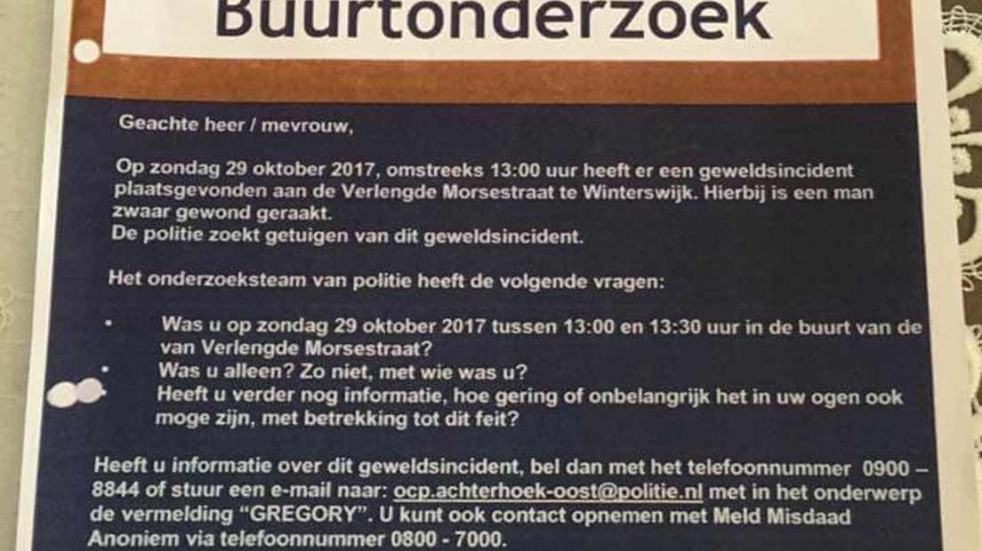 De politie heeft tot nu toe 15 tips gekregen over de fatale mishandeling in Winterswijk. Het tv-programma Opsporing Verzocht behandelde de zaak dinsdagavond.