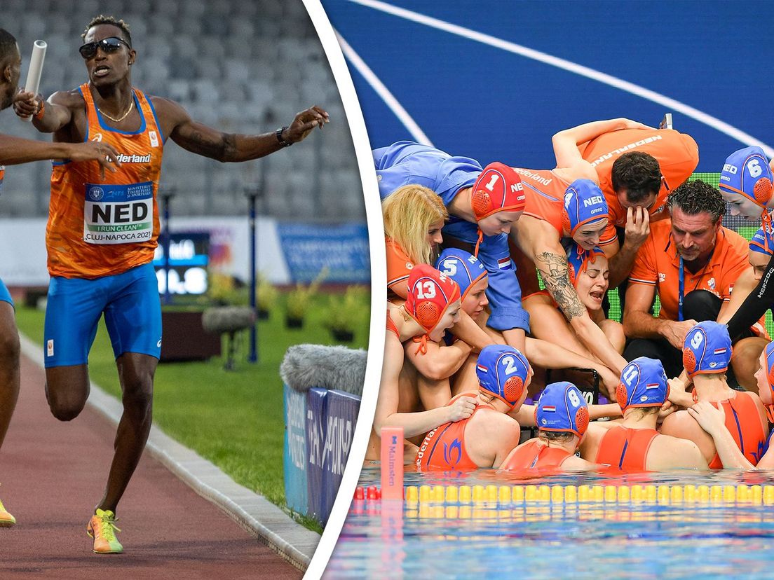 Links: Liemarvin Bonevacia (met bril) in actie bij de estafette| Rechts: waterpolodames met coach Arno  Havenga als middelpunt