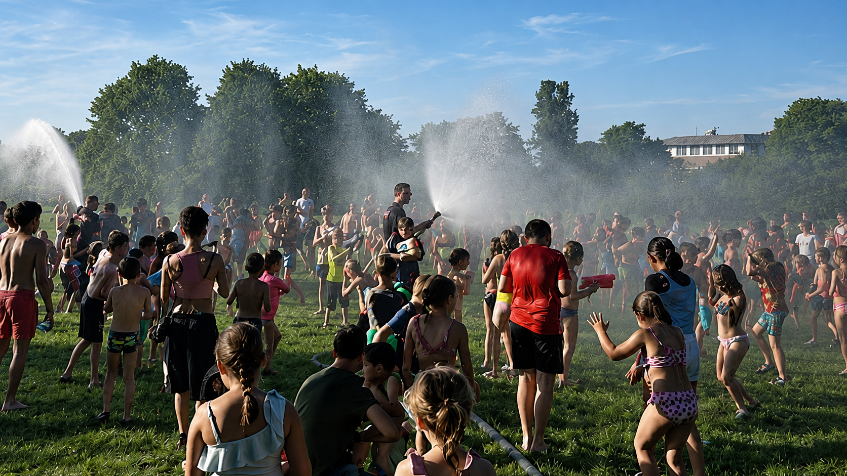 De brandweer spuit de kinderen nat.