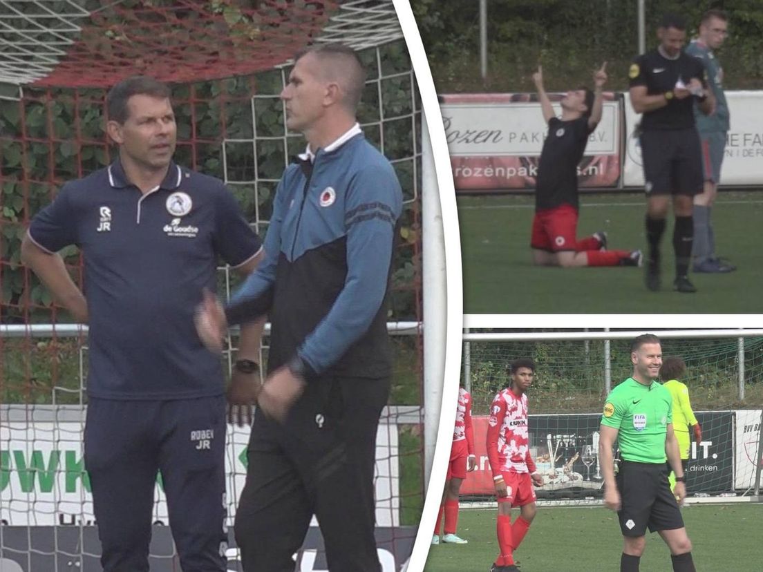 Trainers Jeroen Rijsdijk en Marinus Dijkhuizen, een van de G-voetballers van Excelsior en scheidsrechter Danny Makkelie