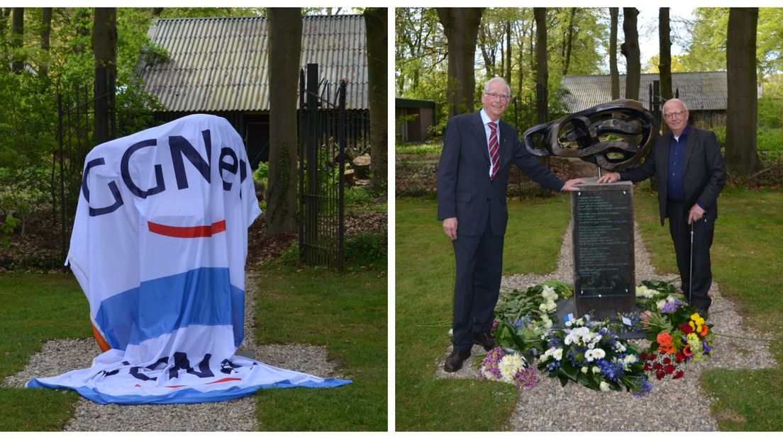 Henk Mulder (links) en beeldhouwer Hein Smeerdijk (rechts) bij het onthulde gedenkteken.