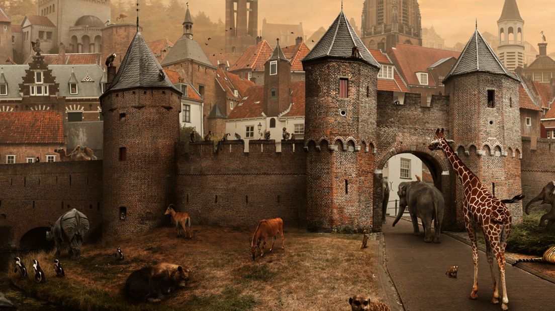 Dieren lopen de stad in, detail van het kunstwerk