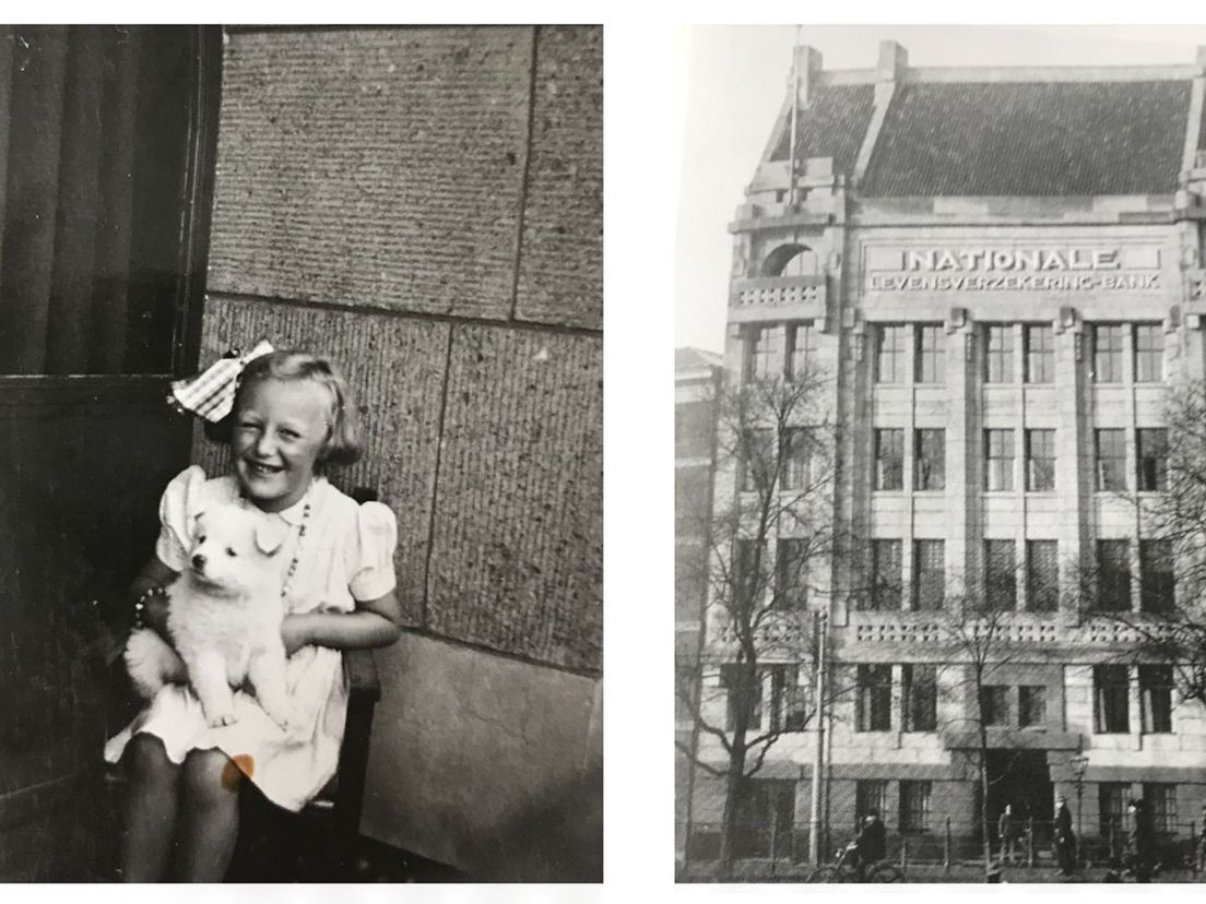 Links Joke met haar hondje Teddy, rechts het gebouw van de Nederlandse Levensverzekeringsbank aan de Boompjes