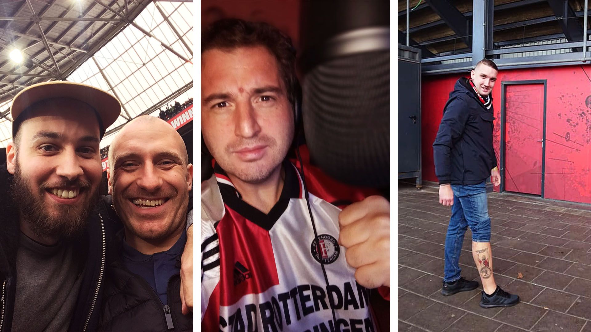 Van links naar rechts de Feyenoord-supporters Erwan (met baard), Ignacio en Damian