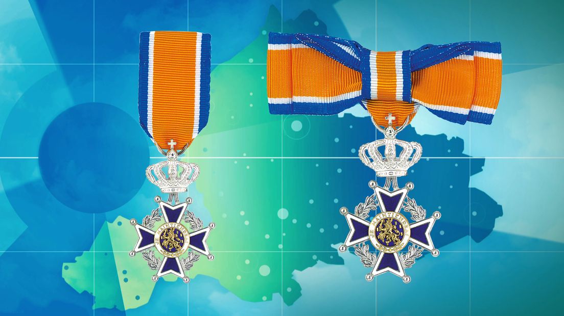 Onderscheiding 'Lid in de Orde van Oranje-Nassau'. Links: onderscheiding voor mannen, rechts: onderscheiding voor vrouwen