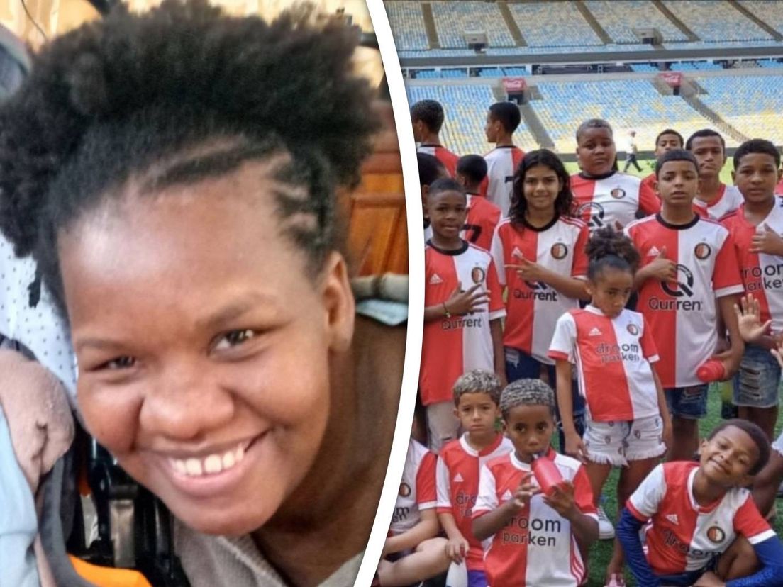Judiceia (links) en de spelers van Escolinha Feyenoord in het stadion Maracana in Rio