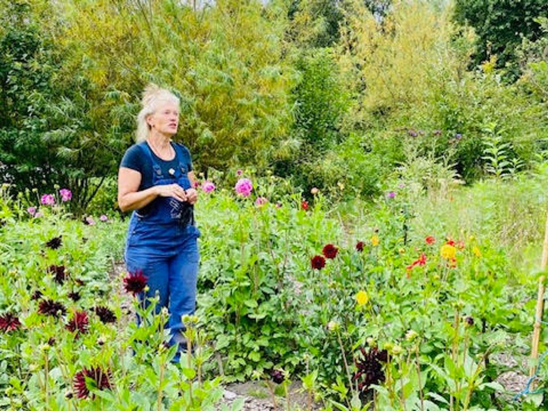 Stadsboerin Marlen Arkesteijn tussen de bloemen
