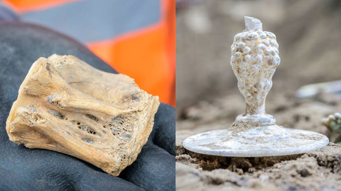Archeologen hebben onder andere een tonijnwervel (links) en glaswerk (rechts) gevonden