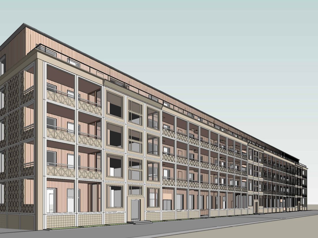 Voorlopig ontwerp van de nieuwe flats in Rotterdam-Overschie met behoud van de oude gevels