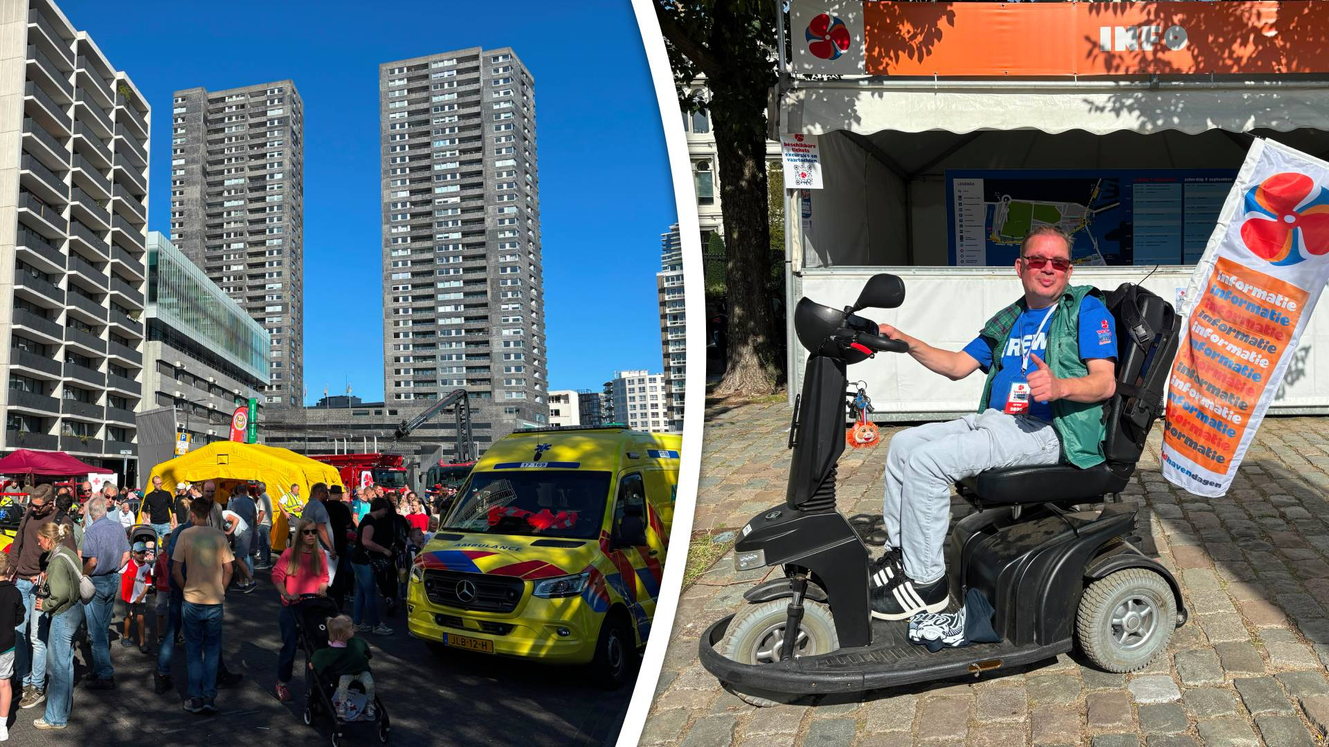 Hulpdiensten op het Rijnmondveilig-plein | Vrijwilliger Carlo wijs vanuit zijn rolstoel bezoekers de weg