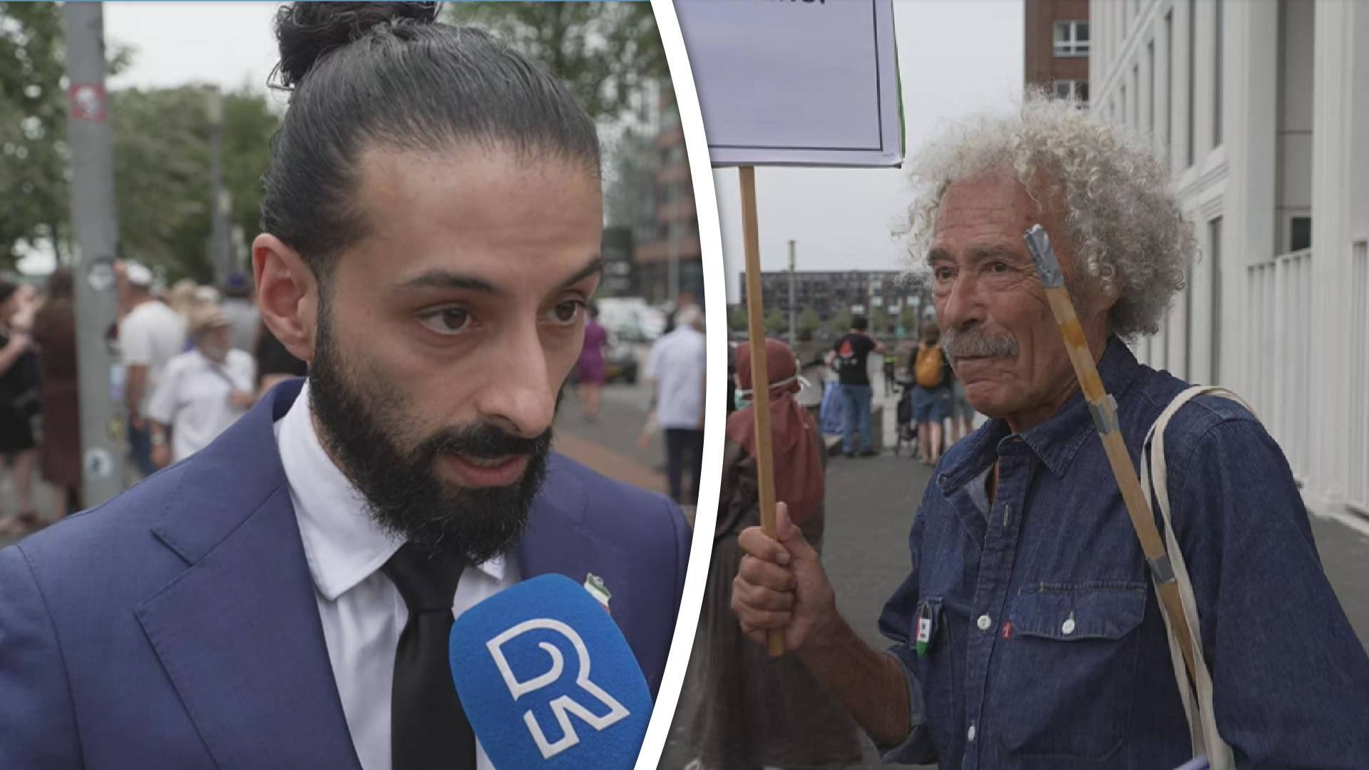 Links: VVD-Kamerlid Ulyssee Eillian, Rechts: Demonstrant De Levie.